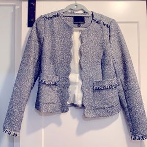 Banana Republic Navy and White Tweed Blazer with frayed details, size 0